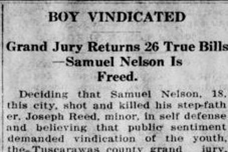 New Philadelphia, Ohio newspaper headline on the grand jury's decision to not indict Samuel Nelson for the killing of Joseph Reed, January 1915. (Source: newspaperarchive.org)