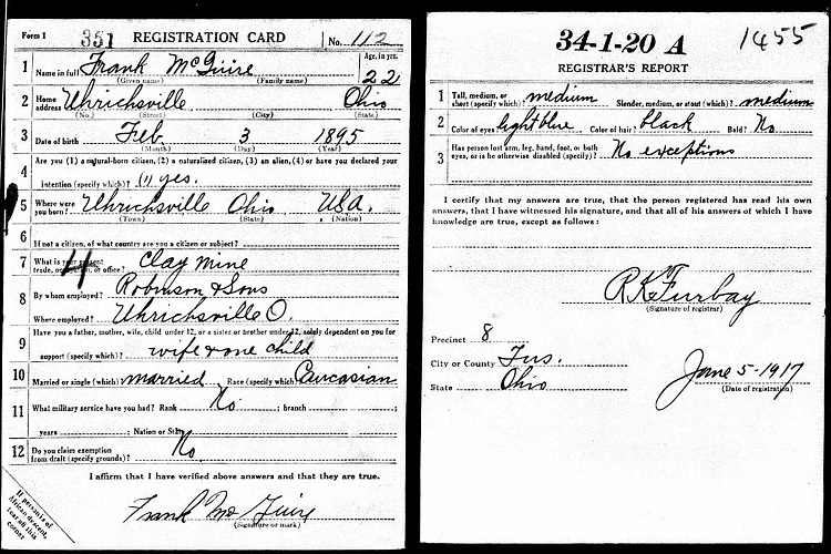 Frank McGuire's World War One draft registration card, June 1917. (Source: familysearch.org)