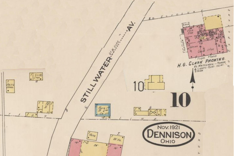 The H.G. Clark Meat Packing Plant depicted on the 1921 Sanborn Fire Insurance Map for Dennison, Ohio. (Source: loc.gov)