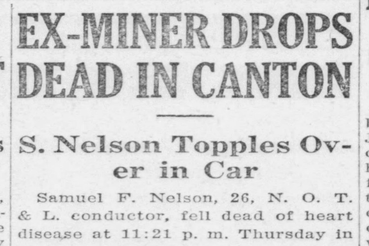 New Philadelphia, Ohio newspaper headline on the death of Samuel Nelson, August 1922. (Source: newspapers.com)