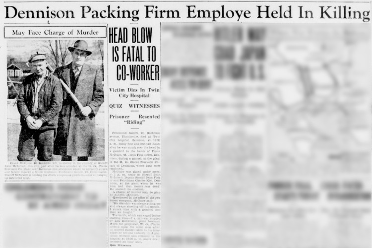 Front page of the New Philadelphia, Ohio newspaper reporting on the killing of Ferdinand Sandry, March 1941. (Source: newspapers.com)