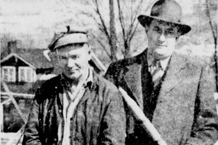 Photo of Frank McGuire (L) from the front page of the New Philadelphia, Ohio newspaper report on the killing of Ferdinand Sandry, March 1941. (Source: newspapers.com)