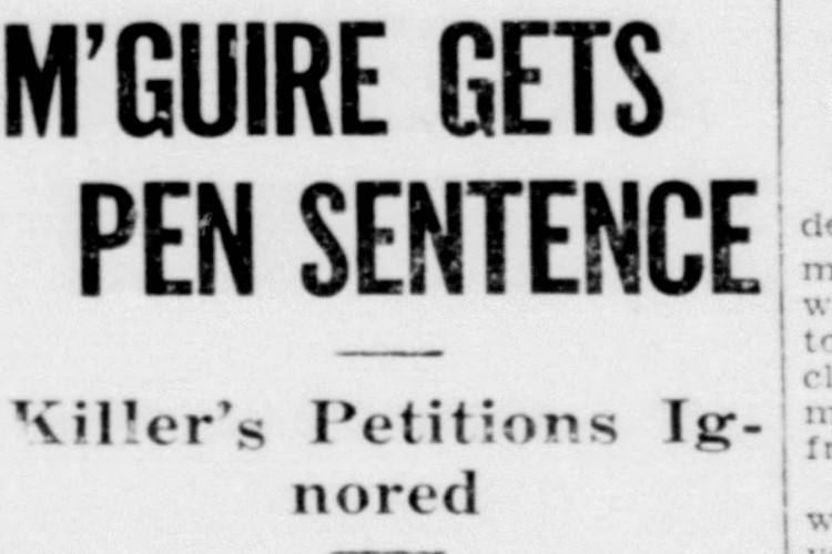 New Philadelphia, Ohio newspaper headline on the sentence of Frank McGuire, May 1941. (Source: newspapers.com)