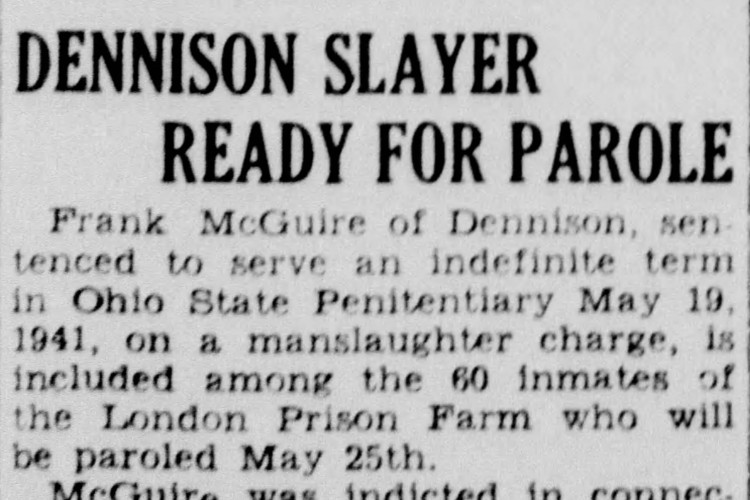 New Philadelphia, Ohio newspaper headline on the parole of Frank McGuire, April 1944. (Source: newspapers.com)
