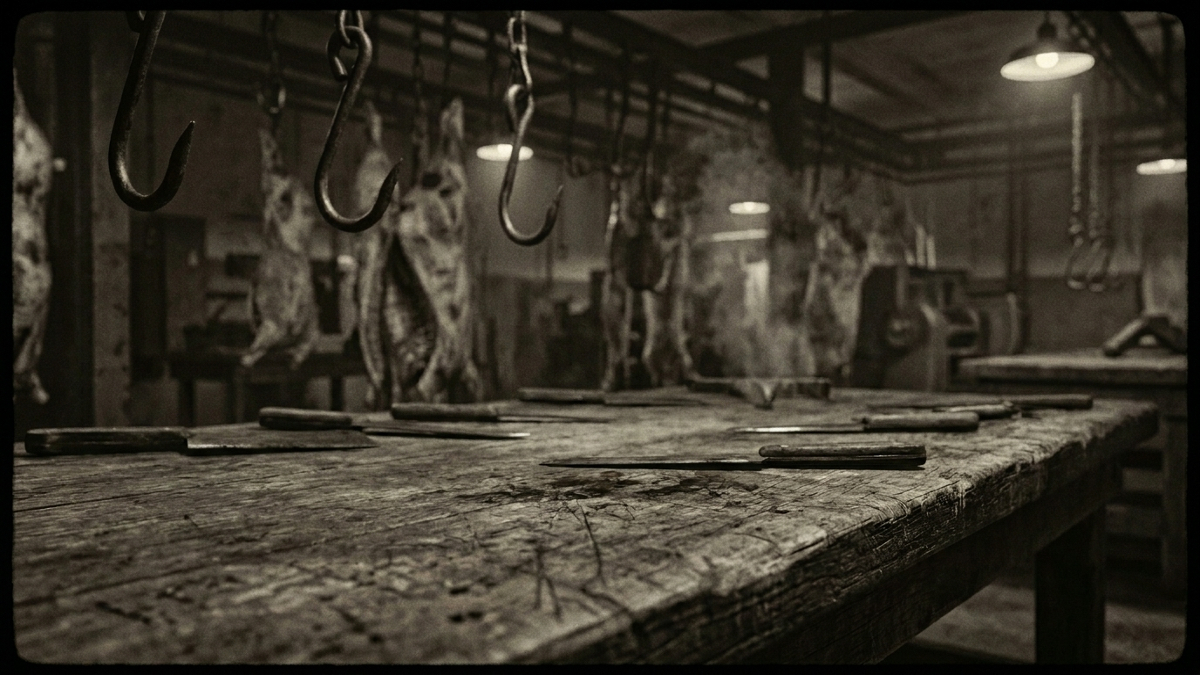 Ai generated image depicting the interior of the HG Clark Meat Packing Plant in Dennison, Ohio, 2026. (Source: Flow)
