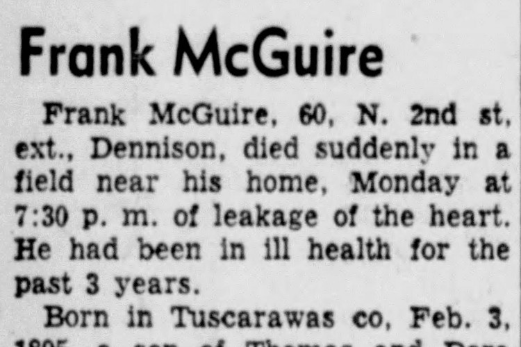 New Philadelphia, Ohio newspaper obituary of Frank McGuire, June 1955. (Source: newspapers.com)