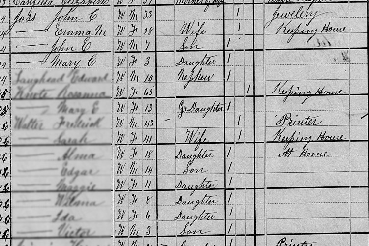 John E. Joss recorded on the 1880 census with his parents and sister. (Source: familysearch.org)