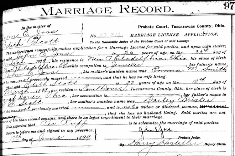 Marriage record of John E Joss and Edith Scott, June 1899. (Source: familysearch.org)