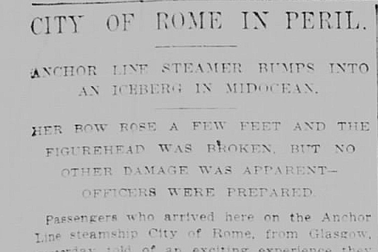 New York Tribune newspaper headline for a story on the SS City of Rome striking an iceberg, September 1889. (Source: newspapers.com)