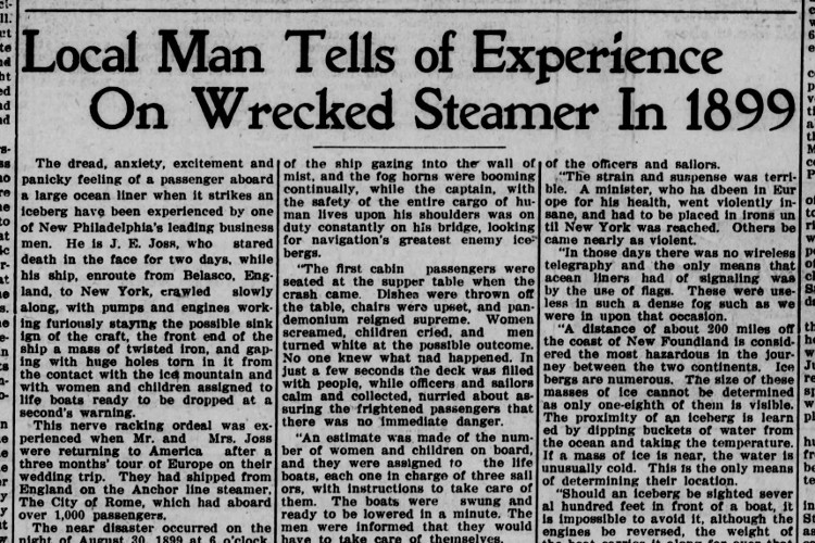 John E. Joss' report of the SS City of Rome event reported on the day after the Titanic disaster, April 1912. (Source: newspapers.com)