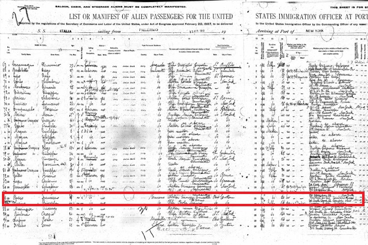Francesco Russo recorded on the passenger manifest for the SS Italia, April 1913. (Source: ancestry.com)