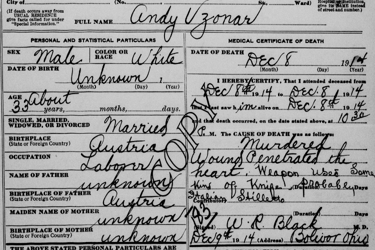 Detail from Andy Vzonar's death certificate, December 1914. (Source: familysearch.org)