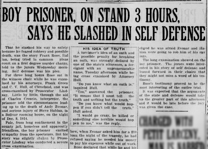 New Philadelphia, Ohio newspaper headline on Frank Rose's testimony in the case of the killing of Andy Vzonar, March 1915. (Source: newspapers.com)