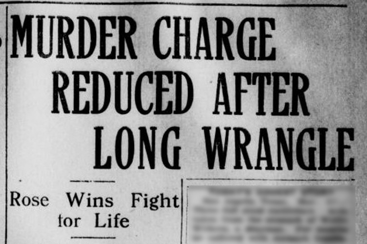 New Philadelphia, Ohio newspaper headline on Frank Rose's verdict in the case of the killing of Andy Vzonar, March 1915. (Source: newspapers.com)