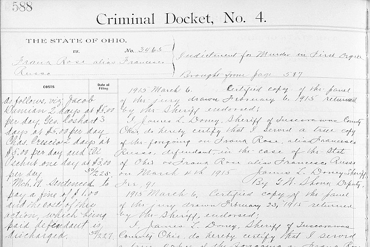 Portion of Frank Rose's criminal court docket, 1915. (Source: familysearch.org)