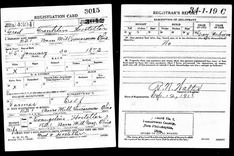 Fred Hostetler's World War One Draft Registration recording him as stoutly built and tall, September 1918. (Source: familysearch.org)