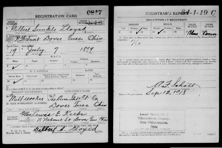 Gilbert Lloyd's World War One Draft Registration, September 1918. (Source: familysearch.org)
