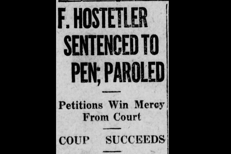 New Philadelphia, Ohio newspaper headline on the sentencing of Fred Hostetler, November 1925. (Source: newspapers.com)