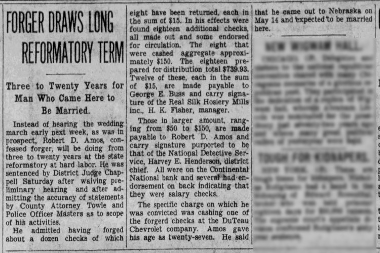 Lincoln, Nebraska newspaper story on Robert Amos's conviction for check forging, June 1932. (Source: newspapers.com)