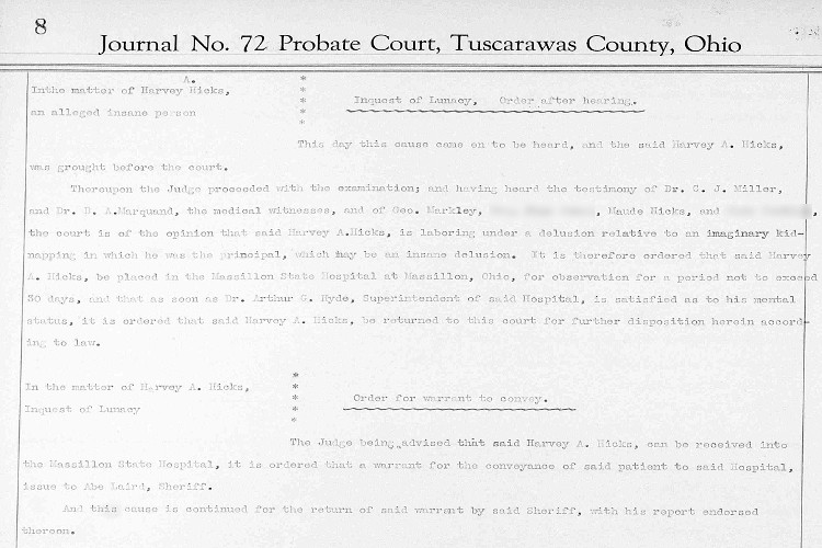 Entry from the Tuscarawas County Probate records relating to Harvey Hicks' Inquest of Lunacy, September 1933. (Source: familysearch.org)