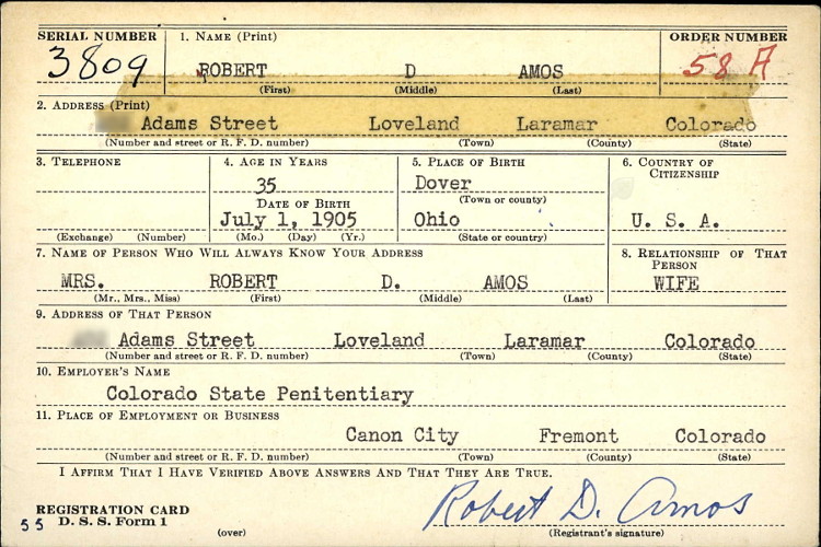 Robert Amos's World War Two draft registration, December 1940. (Source: familysearch.org)
