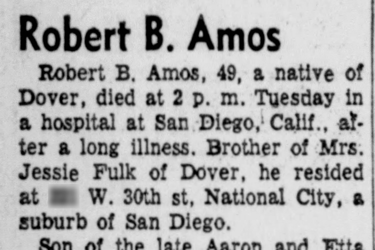 Robert Amos's obituary in the New Philadelphia, Ohio newspaper, May 1955. (Source: newspapers.com)