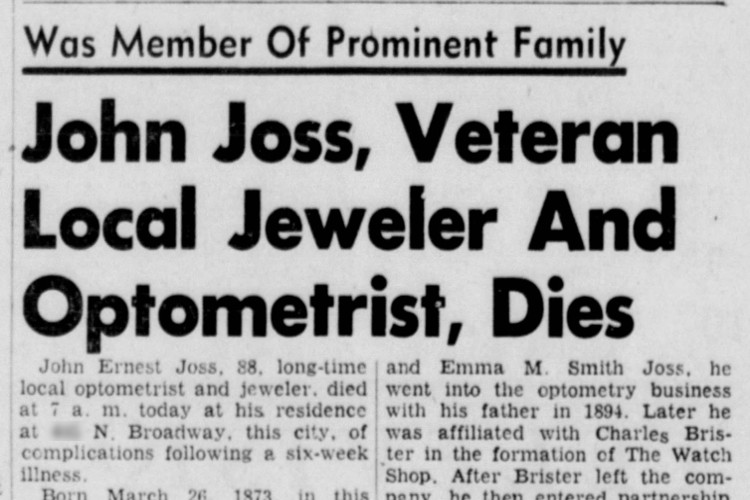 John E. Joss' that obituary in the New Philadelphia, Ohio newspaper, August 1961. (Source: newspapers.com)