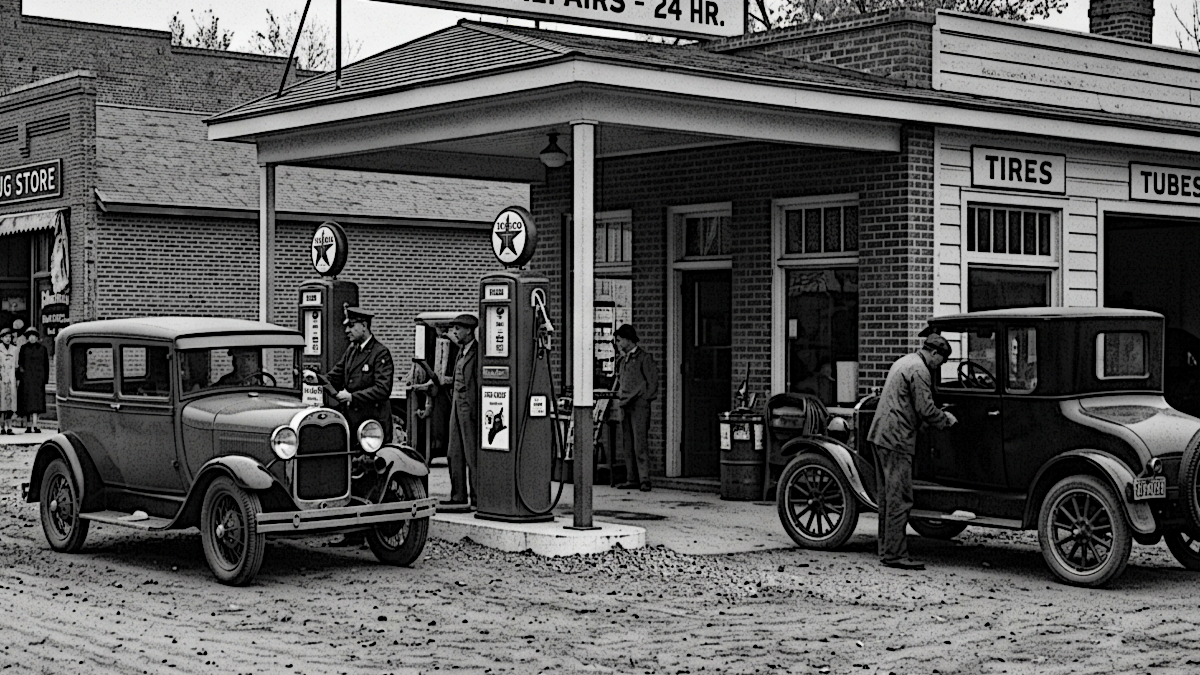 ai generated image depicting the Lloyd Filling Station on Factory Street in Dover, Ohio, c. 1930. (Source: Google Flow, 2026)