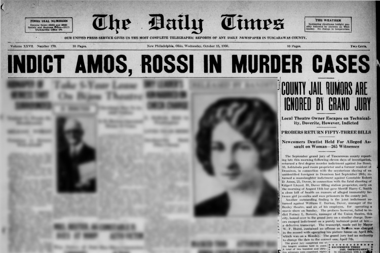New Philadelphia, Ohio newspaper article on the indictment of Robert Amos for the murder of Gilbert Lloyd, October 1930. (Source: newspapers.com)