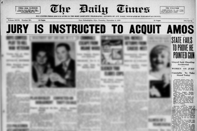New Philadelphia, Ohio newspaper article on the acquittal of Robert Amos for the killing of Gilbert Lloyd, December 1930. (Source: newspapers.com)