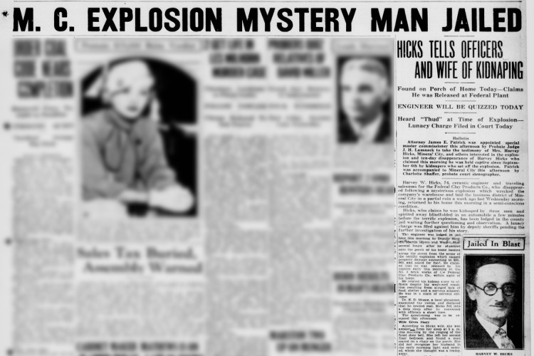 New Philadelphia, Ohio newspaper article on arrest of Harvey Hicks and the Mineral City explosion, September 1933. (Source: newspapers.com)