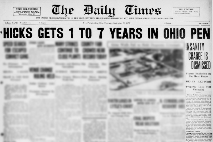 New Philadelphia, Ohio newspaper article on the sentencing of Harvey Hicks, September 1933. (Source: newspapers.com)