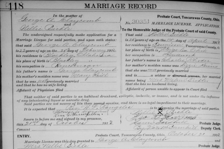 Detail from the Tuscarawas County Marriage Record of George Claycomb and Nellie Rhodes Bickle, October 1913. (Source: familysearch.org)
