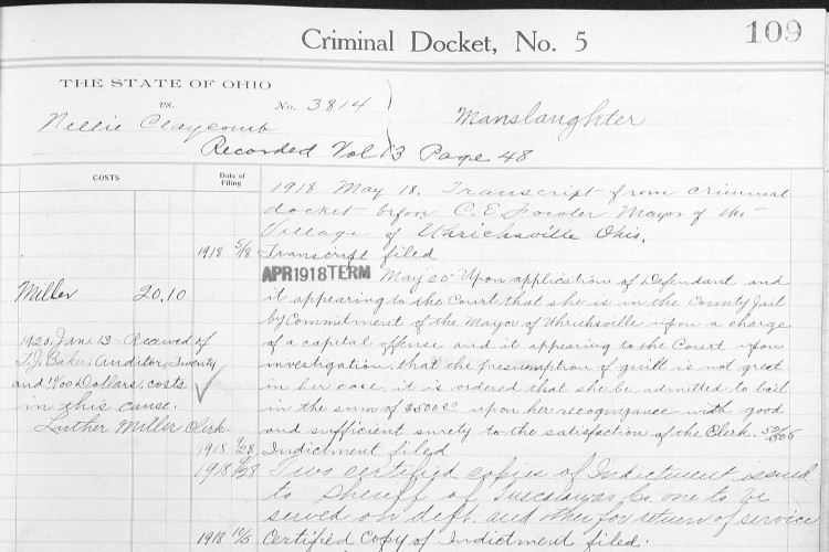 Detail from the Criminal Docket relating to the case of State of Ohio vs. Nellie Claycomb, 1918-1919. (Source: familysearch.org)