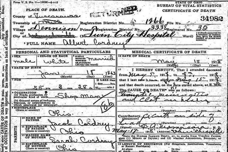 Detail from Albert Cordrey's Death Certificate, May 1918. (Source: familysearch.org)
