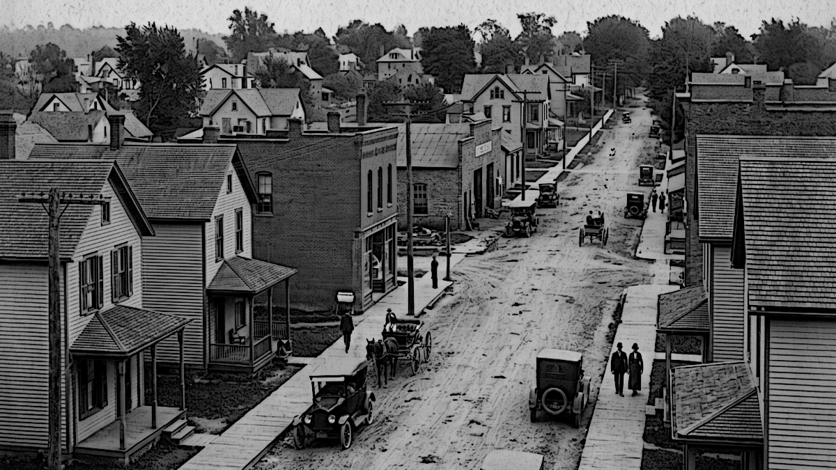ai generated image of East 9th Street in Uhrichsville, Ohio based on the 1923 Sanborn Fire Insurance Map, 2026. (Source: Google Flow)