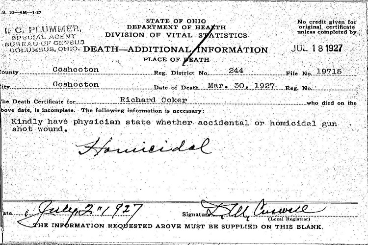 Part of Richard Coker's Death Certificate after his killing in 1927 on almost the same spot as his son, March 1927. (Source: familysearch.org)