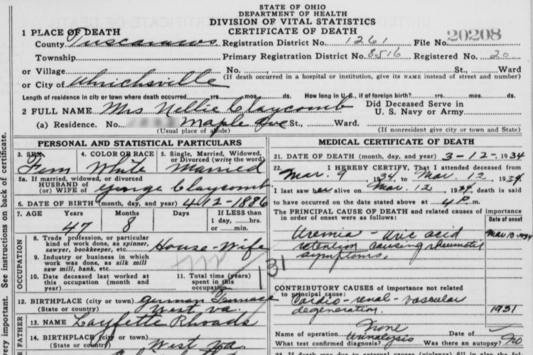Detail from Nellie Claycomb's death certificate, March 1934. (Source: familysearch.org)
