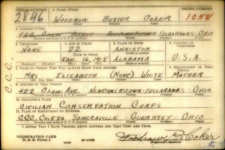 Woodrow Coker's World War Two Draft Registration card, October 1940. (Source: ancestry.com)