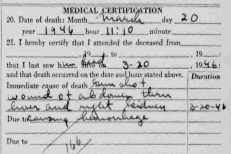 Detail from Woodrow Coker's death certificate, March 1946. (Source: familysearch.org)