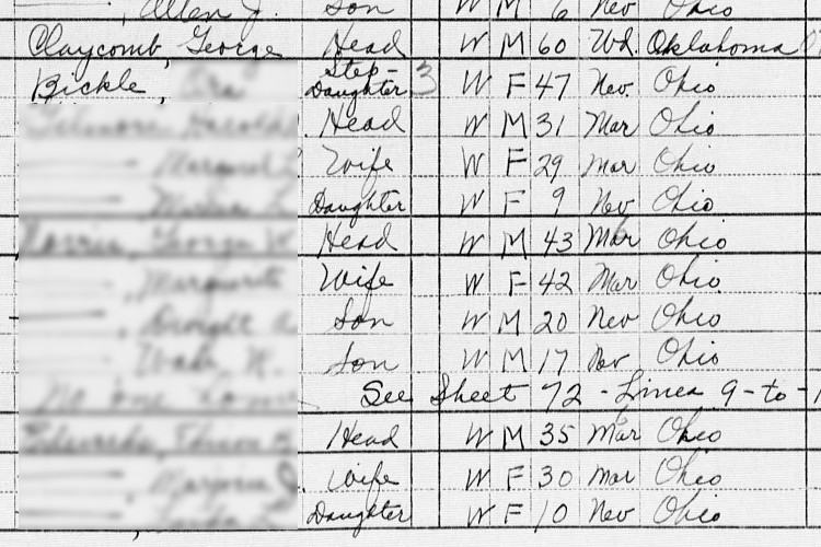 George Claycomb and step-daughter recorded on the 1950 census for Uhrichsville, Ohio. (Source: familysearch.org)
