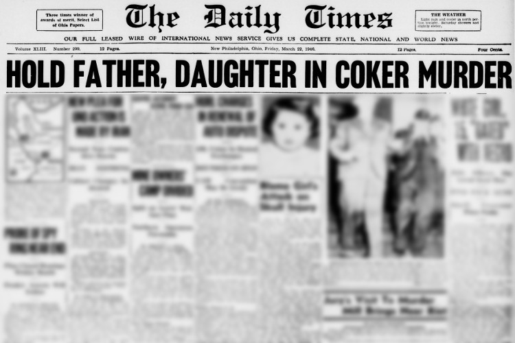 New Philadelphia, Ohio newspaper headline on the arrest of Alvin Clifford Huston and his daughter, March 1946. (Source: newspapers.com)