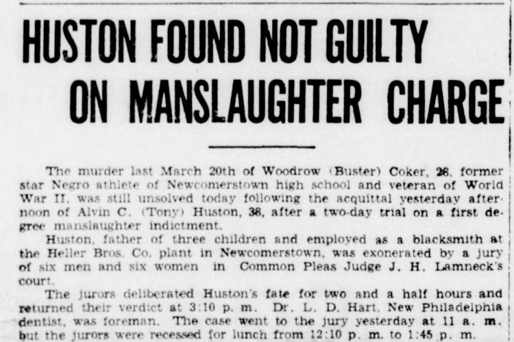 New Philadelphia, Ohio newspaper article on the acquittal of Alvin Clifford Huston, May 1946. (Source: newspapers.com)