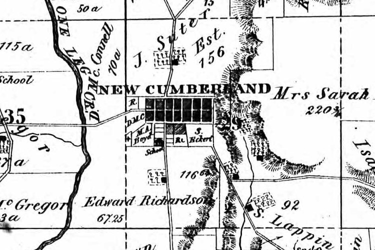 New Cumberland, Warren Township, Tuscarawas County depicted in the 1875 Atlas of Tuscarawas County. (Source: ancestry.com)