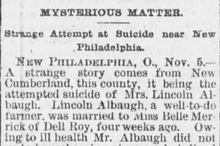 Canton, Ohio newspaper article reporting on Belle's alleged suicide, November 1887. (Source: newspapers.com)