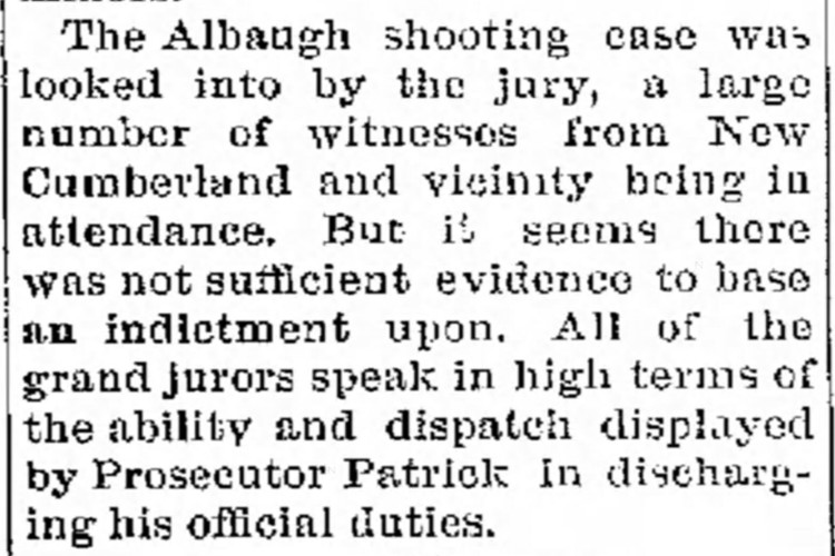 New Philadelphia, Ohio newspaper article reporting on the grand jury's decision to not bring an indictment in the Belle Albaugh case, February 1888. (Source: newspapers.com)