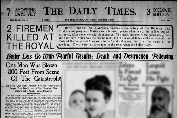 New Philadelphia, Ohio newspaper front page reporting on the explosion, December 1909. (Source: newspapers.com)