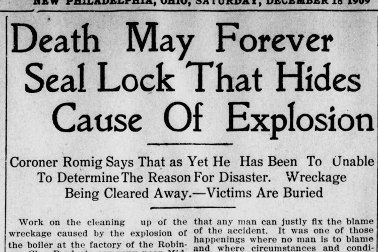 New Philadelphia, Ohio newspaper article on the investigation into the explosion, December 1909. (Source: newspapers.com)