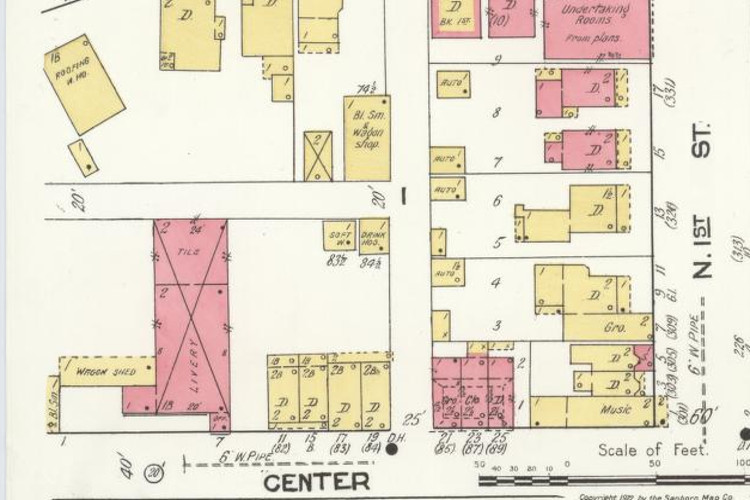 The first block of Center Street depicted on the 1921 Sanborn Map of Dennison, Ohio. (Source: loc.gov)