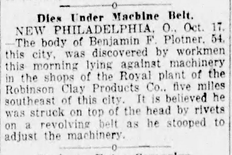 Article in a Cleveland, Ohio newspaper reporting the death of Benjamin Plotner, October 1922. (Source: newspapers.com)